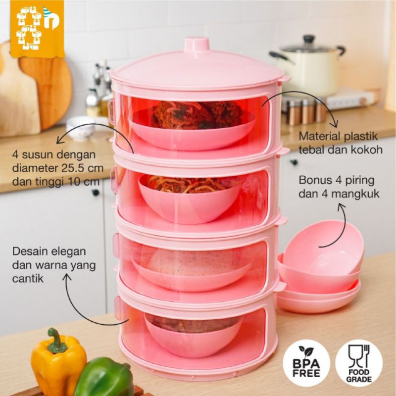Technoplast Dishes Keeper Susun 4 Pink dan Peach, Tudung Saji Susun Kekinian Bahan Tebal Aman Untuk 
