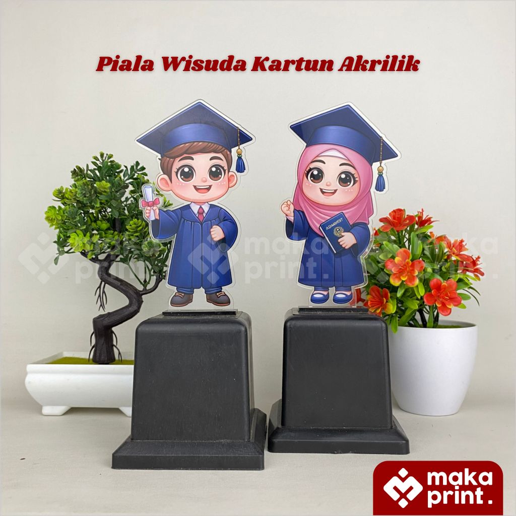 Piala Akrilik Wisuda (Kartun) Print UV - Piala Kelulusan - Souvenir Wisuda - Kado Wisuda
