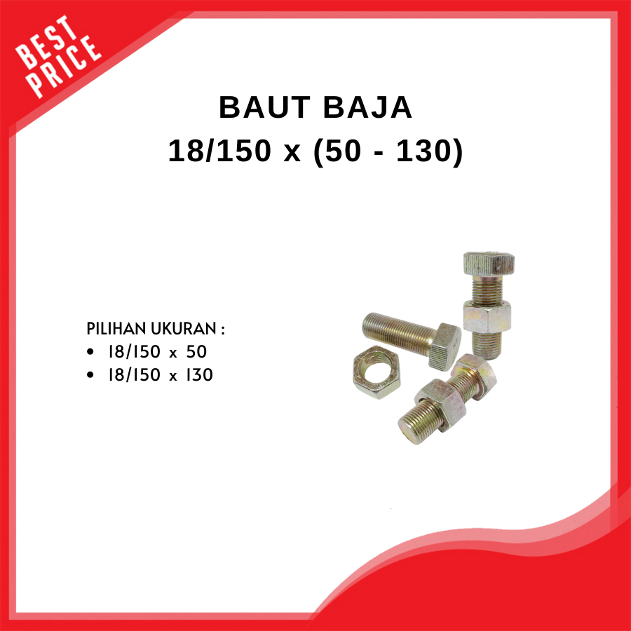 Jual Produk Baut Baja Ukuran 18/150 x 50, 18/150 x 130 Hitam Drat Kasar Baut Baja Plus Mur Full Drat