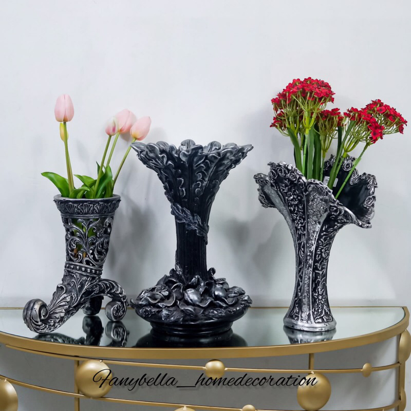 Pajangan Meja Guci Vas Bunga Keramik Silver Klasik Antik Abu Abu Porselen Dekorasi Hiasan Percantik 