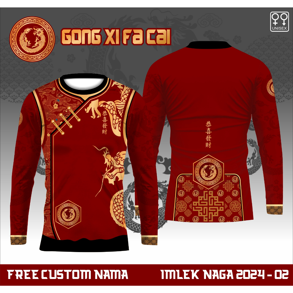 Baju imlek wanita shio naga kaos cheongsam changsan tahun baru cina 2024 lengan panjang