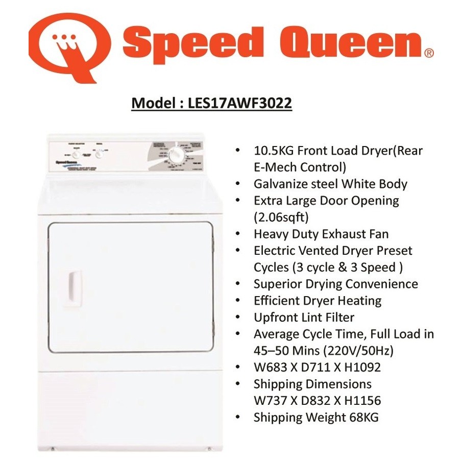 DRYER SPEED QUEEN 15 KG LES17AWF3022 LISTRIK