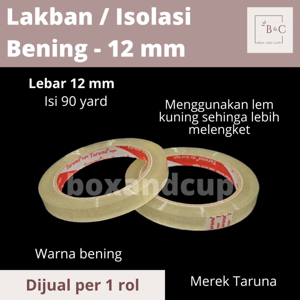 

Lakban / Isolasi / Selotip / Plester OPP Tape Bening Transparan 12 mm isi 90 yard Merek Taruna