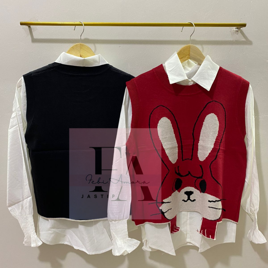 Set Kemeja + Vest Rabbit Wanita Import