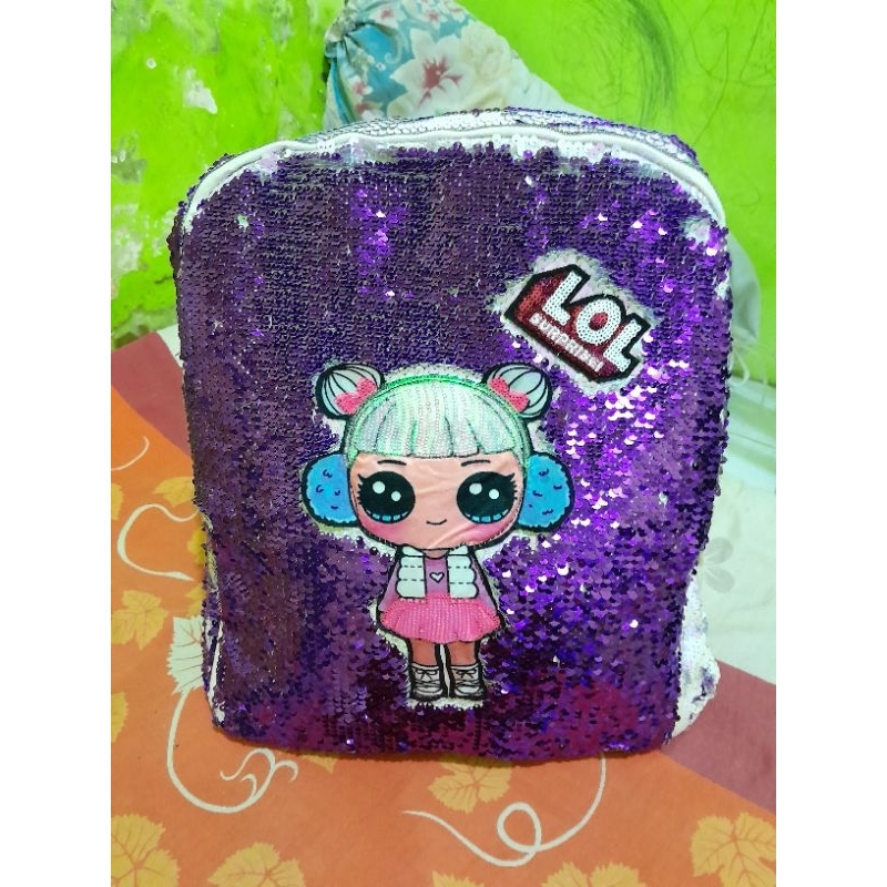 tas ransel usap sequin LOL soft pink/purpel