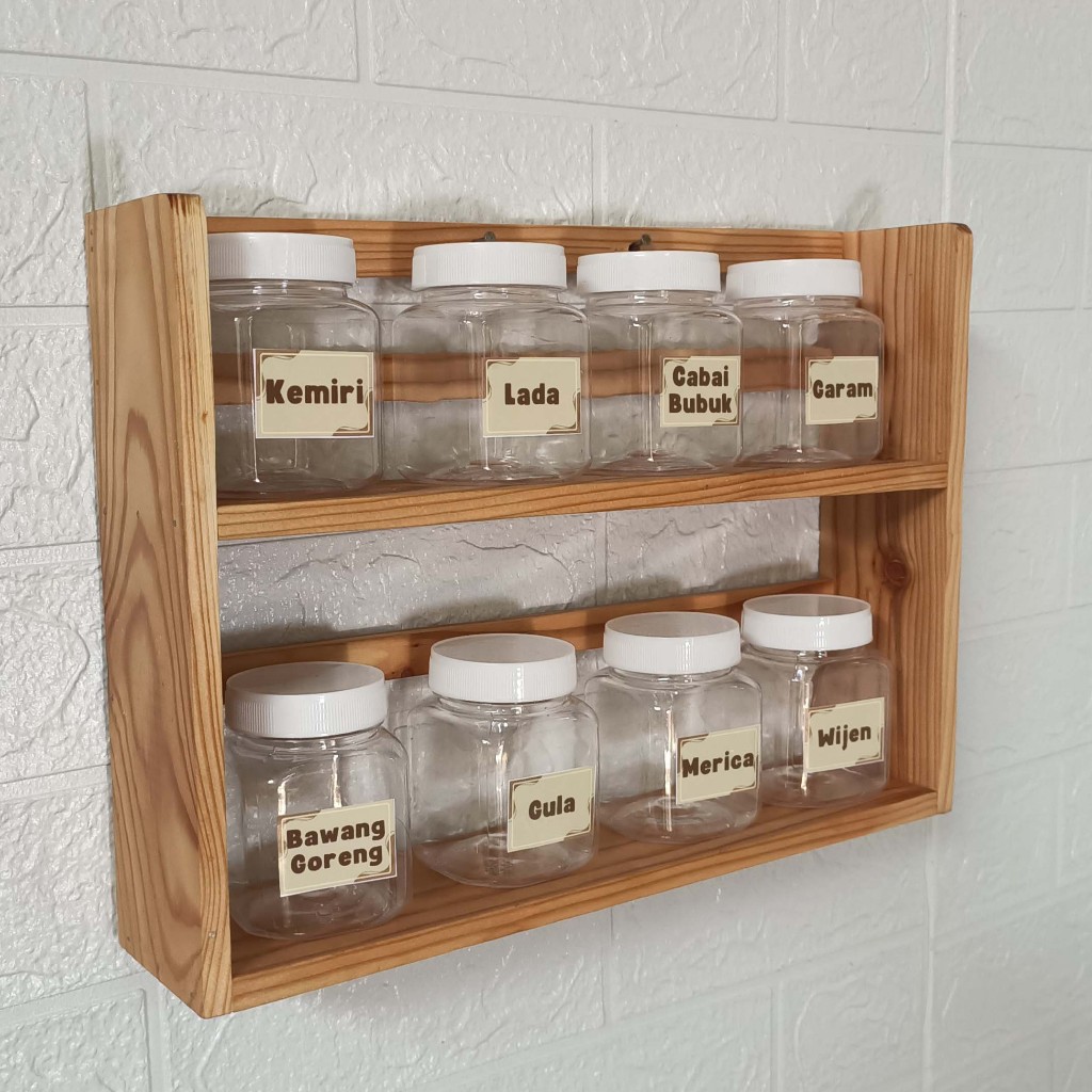Rak bumbu dapur estetik Kayu Jati belanda Motif Cantik 2 Susun Dengan 8 Toples dan 8 Stiker Bumbu mu