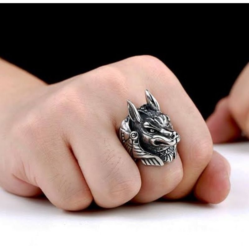 Cincin Pria Titanium Kepala Serigala Anubis