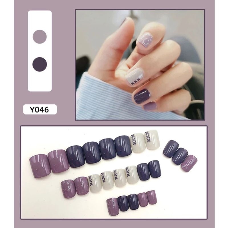 Y046 Kuku Palsu Nail Art Isi 24 Pcs Warna Ungu Putih