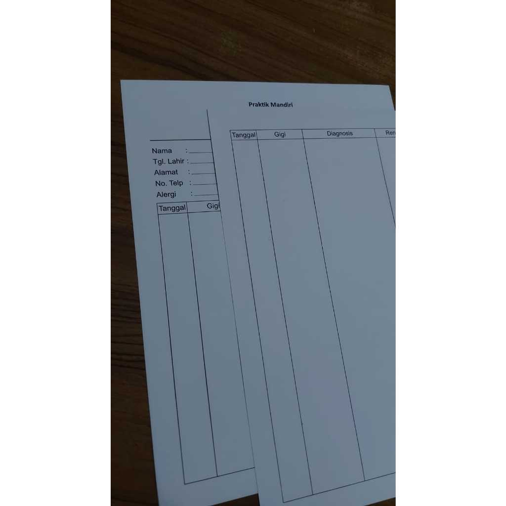 

Cetak Custom Form Kartu RM/ Dental Record/ Status Peserta Kertas Bufallo 150gr ukuran 16,5 x 21,5cm atau 1/2 F4