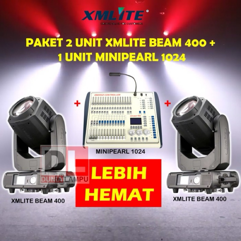 PAKET HEMAT 2 UNIT XMLITE MOVING BEAM 400 + 1 UNIT DMX MINIPEARL 1024