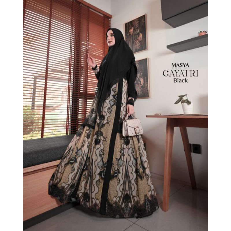 Set Gamis Dress Ceruty Babydoll Premium Syari Branded Black - Hitam - Jet Black -  Mewah Masya Syari