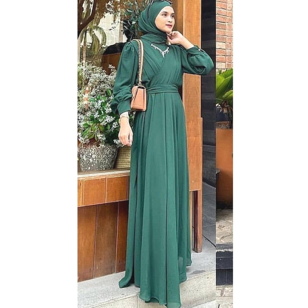 Dress / Gamis Ied Formal Hijau Botol Polos Simpel LD 100 110 120 130 XXL XXXL 3XL Cantik Lucu Kekini
