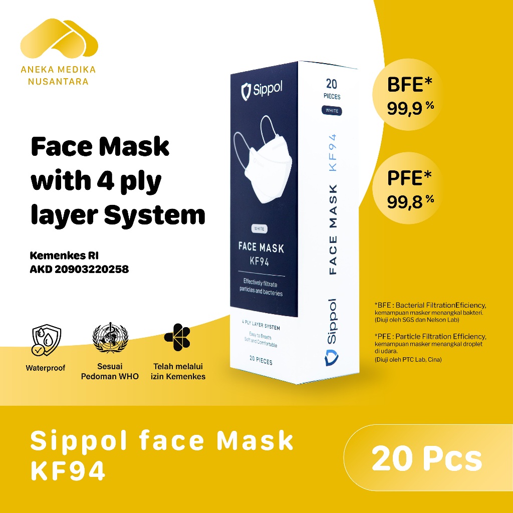 Sippol Face Mask KF94 20 pcs [Box] / Masker Bedah Medis 4 Ply Sekali Pakai Nyaman Anti Virus Bakteri