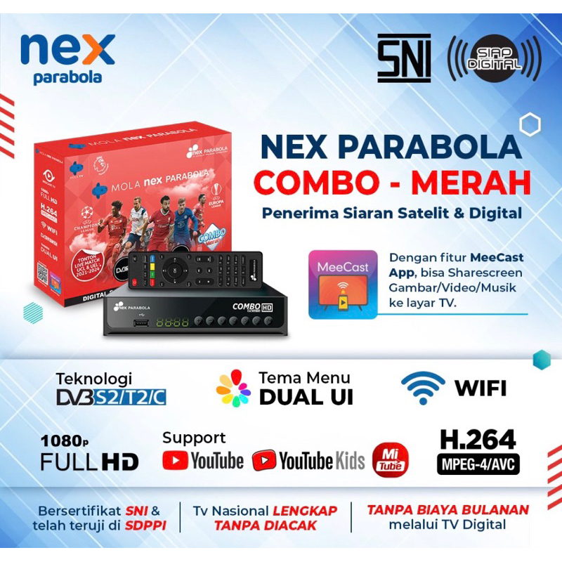 Receiver Nex Parabola Combo (Merah) TV Satelit Parabola TV Digital STB Set Top Box