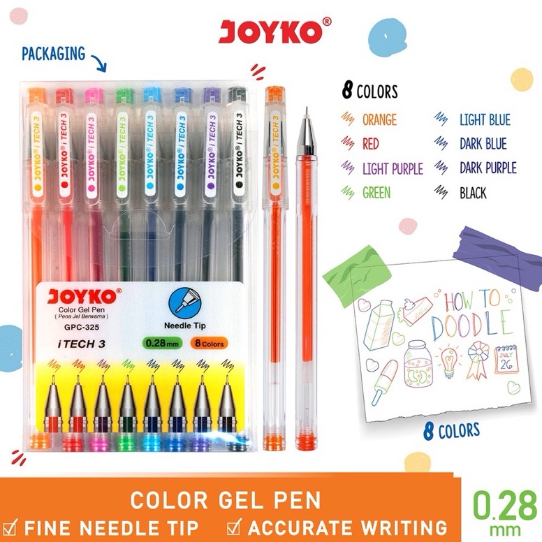 

ART K64T Color Gel Pen GPC325 iTech3 Pulpen Pena Joyko 1 Set 8 Warna 28 mm