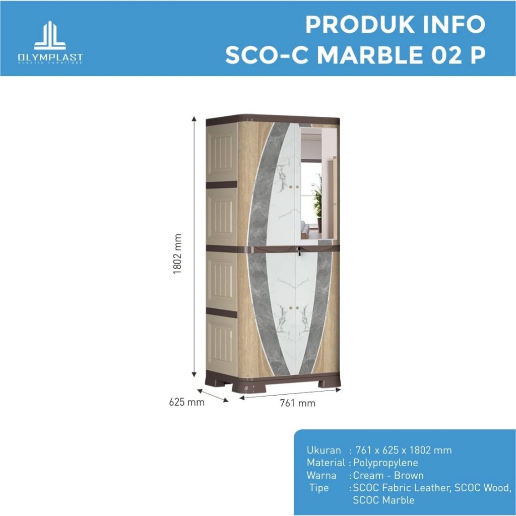 LEMARI PLASTIK 3 & 2 PINTU MINIMALIS AESTHETIC OLYMPLAST RAK KACA GANTUNG SCOC MARBLE