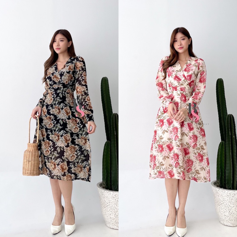 D0388 LEXI KOREAN STYLE FLORAL VINTAGE MIDI DRESS PANTAI VNECK SIFON LENGAN PANJANG