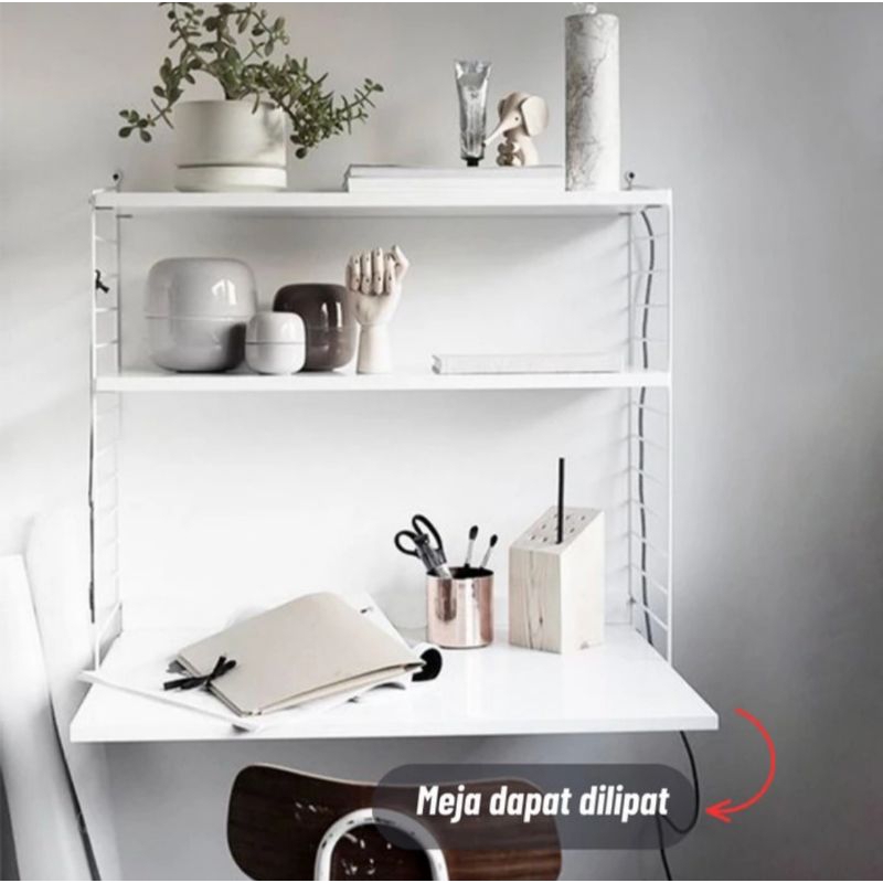 Meja Dinding Lipat Dengan 2 Ambalan Rak Buku Tempat Kerja Belajar Rak Dinding