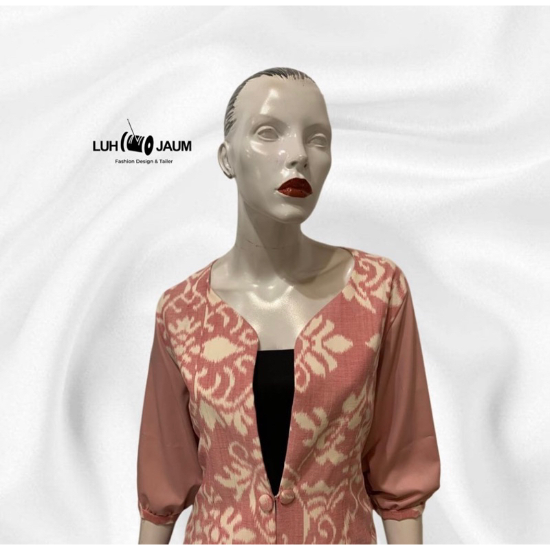 Batik wanita dari kain endek asli warna salem kombinasi lengan polos