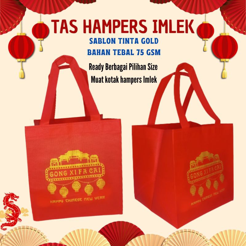 

Tas Imlek Bahan Spunbond sablon Gong Xi Fa Cai kuning emas