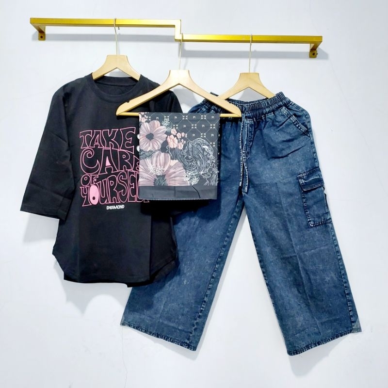 Set Cel Kulot Jeans Cargo Terbaru //Set Kulot Jeans Kaos Combed 20s //Set Jeans Wanita CARGO KEKINIA