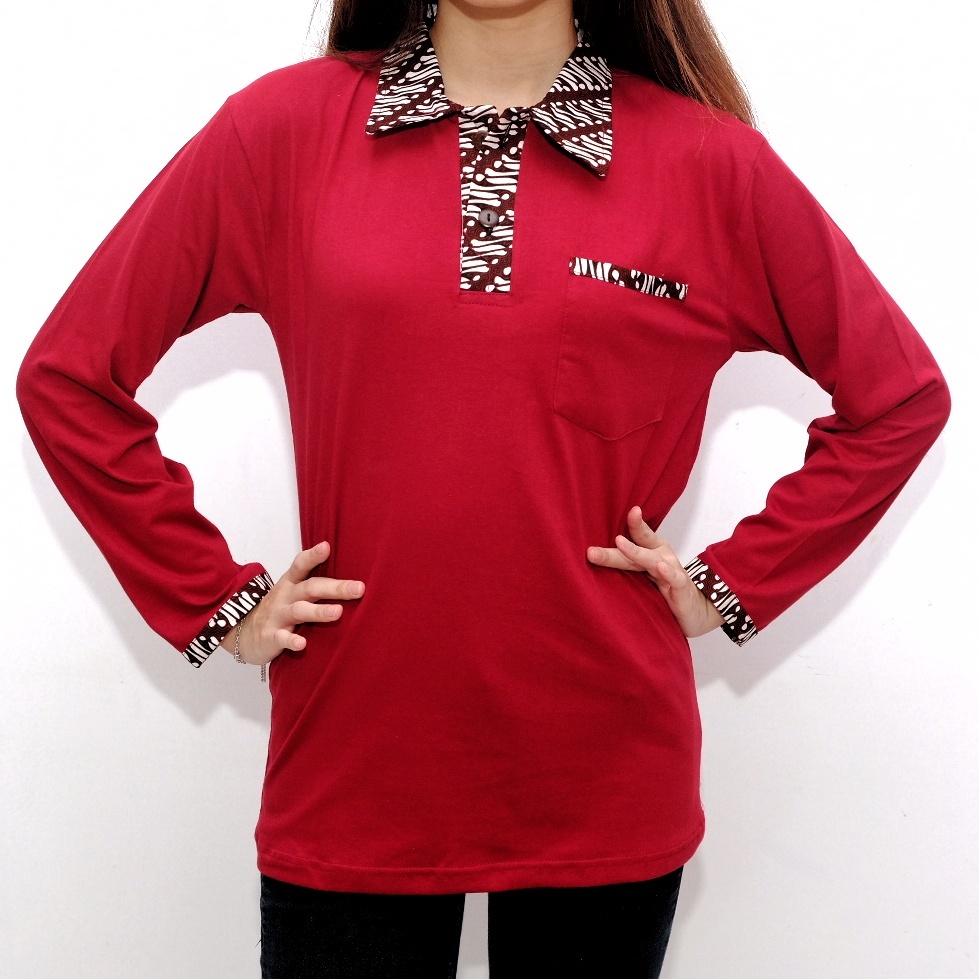 Kaos Krah Polo Batik Wanita Lengan Panjang Warna Merah Maroon Premium Sari