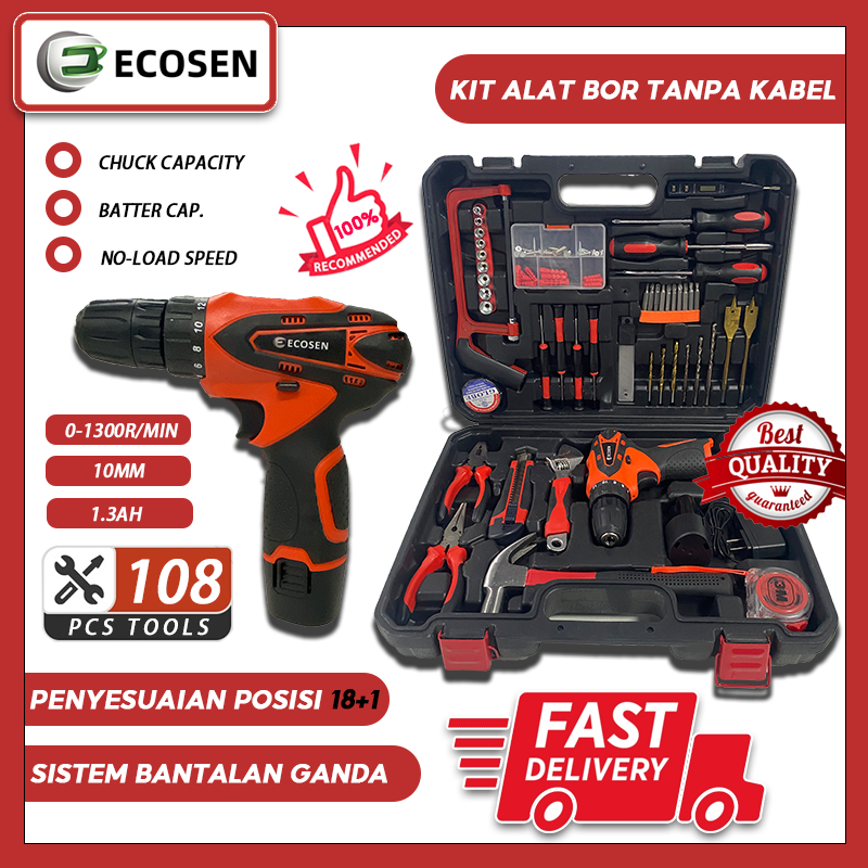 ECOSEN 98V Mesin Bor Baterai  Toolbox Cordless Drill Set / Tool Kit Set / Set Alat Bor Baterai Multifungsi