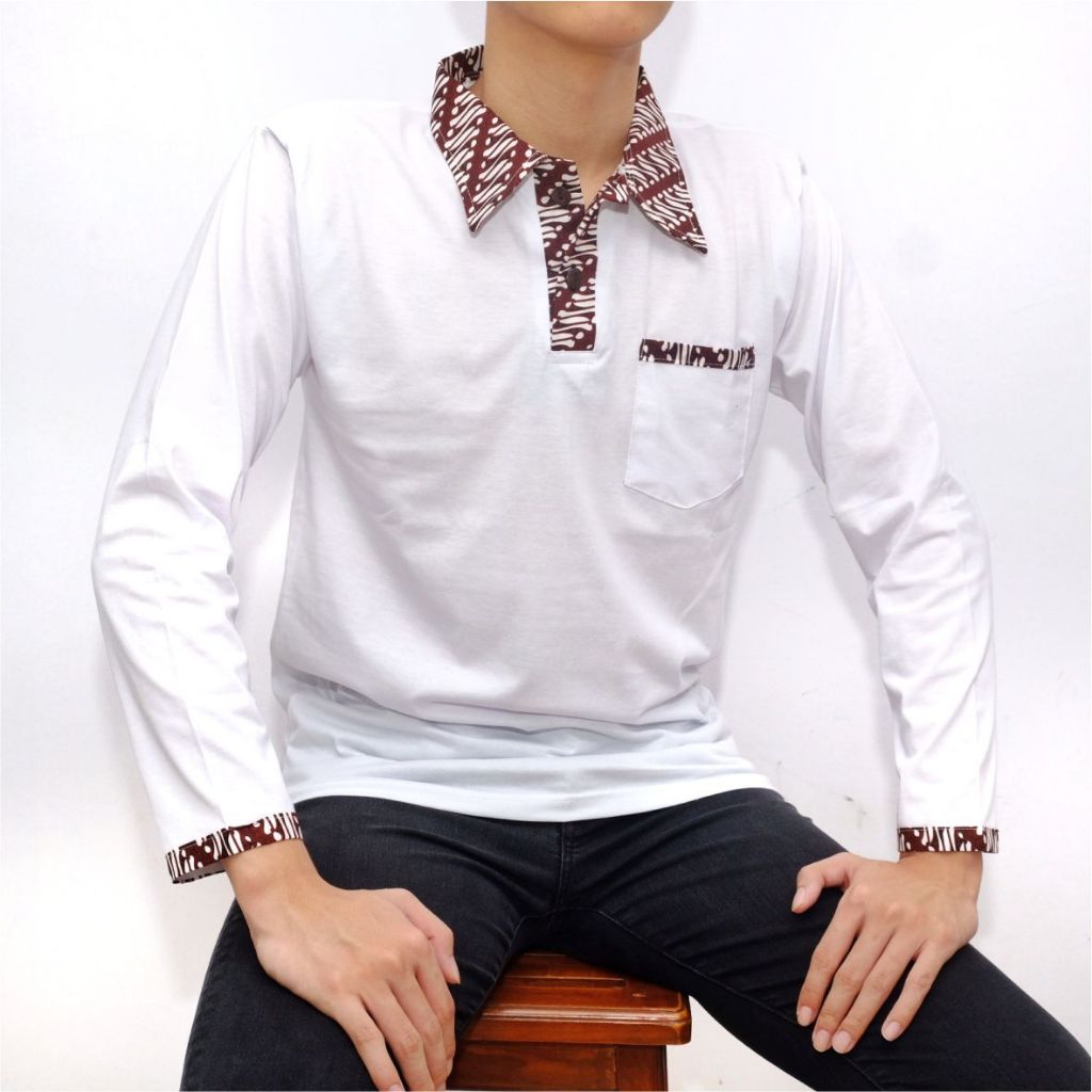 Kaos Krah Polo Batik Pria Lengan Panjang Warna Putih Premium Sari