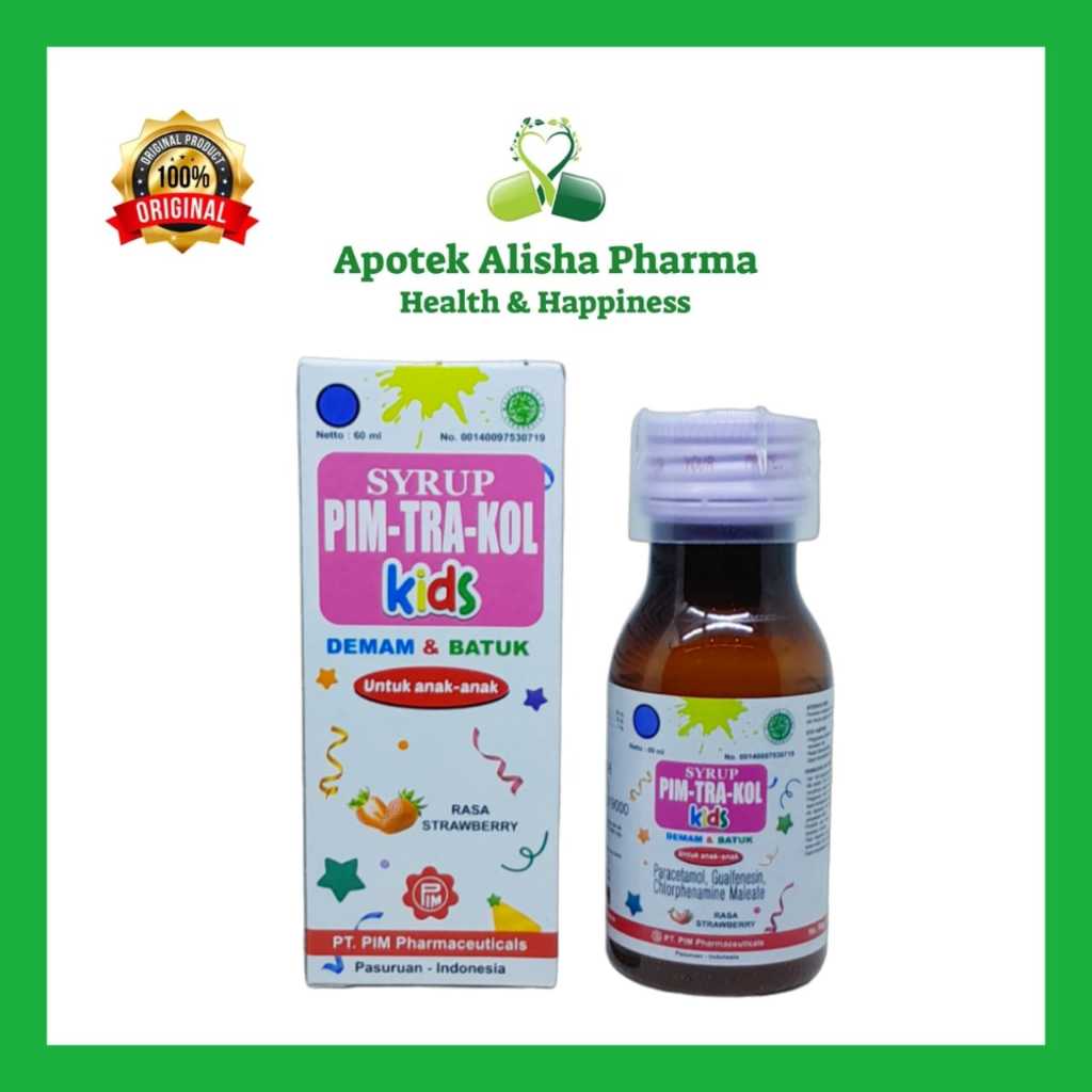Pim-Tra-Kol Kids Syrup 60ml - PimTraKol Anak Sirup Penurun Panas Demam / Batuk Rasa Strawberry / Pim