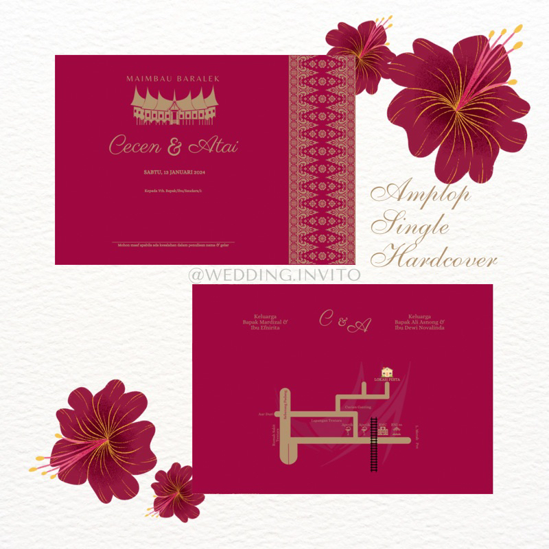 [MINANG-Rumah Gadang Foly] Cetak Undangan Batik-Gold Hardcover Amplop Pernikahan Separasi Custom Ker