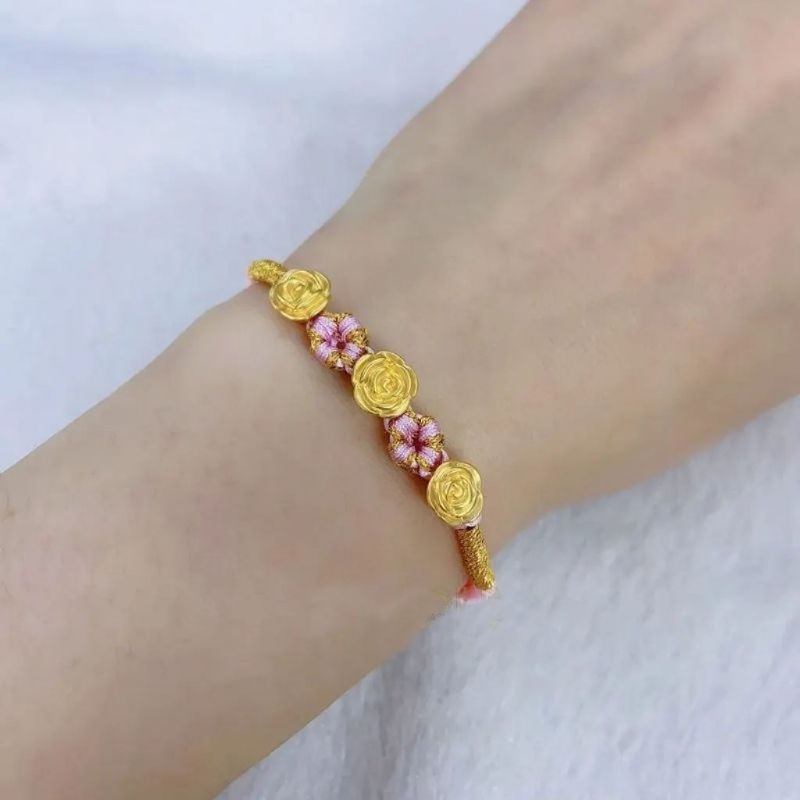 gelang tali kepang ulir variasi emas 24k hongkong 999 charm mini 3 mawar 3 emas