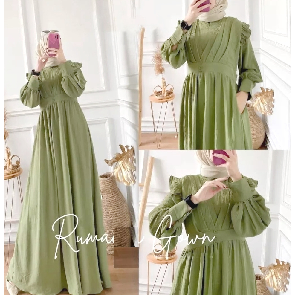 Dres / Maxi Gamis Fitri Lebaran Hijau Sage Polos LD 100 110 120 130 XXL XXXL 3XL Cantik Lucu Kekinia