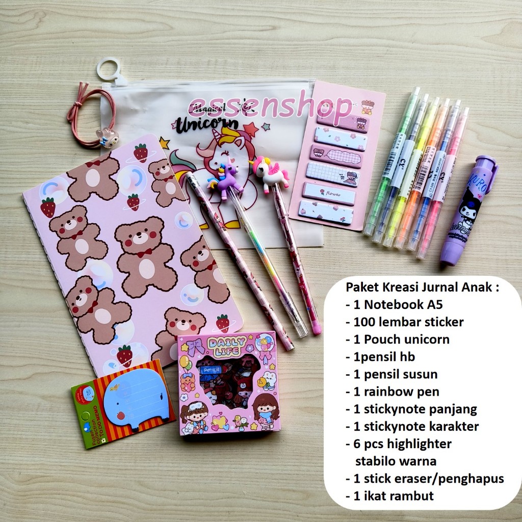 

D3W! Paket hadiah anak Alat Tulis jurnal anak kreasi sticker pensil penghapus raibow gel sticky