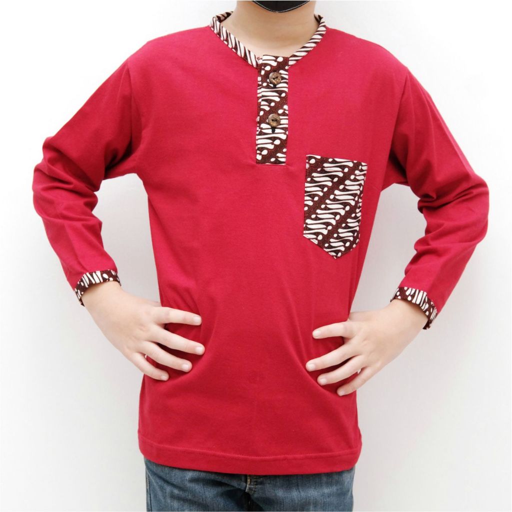 Baju Koko Variasi Batik Lengan Panjang Anak Laki-laki Warna Merah Maroon Premium Sari