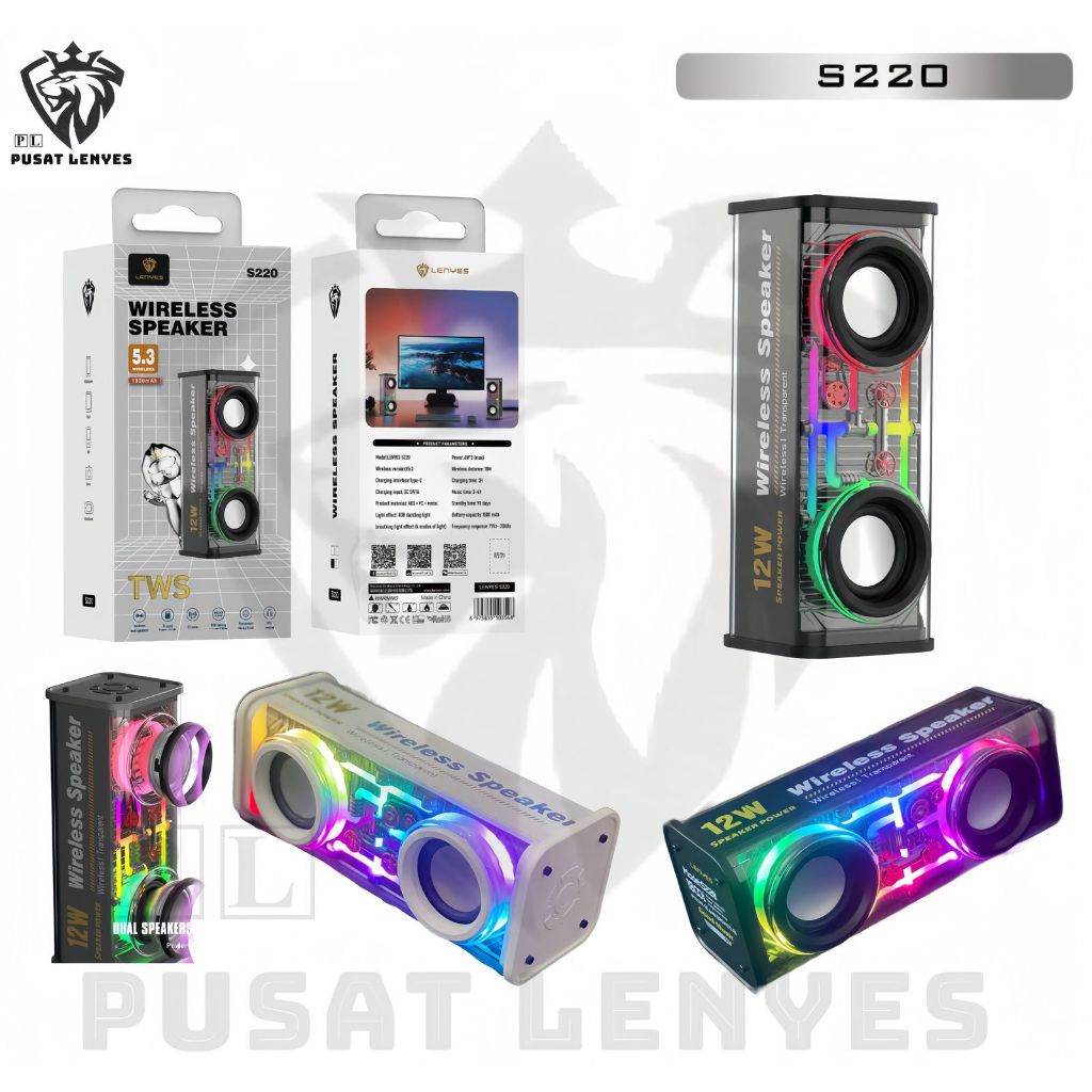 S220 - Speaker LENYES S-220 12W TransparanT Speaker Bluetooth 5.3 RGB LED Light TWS Portable Wireles