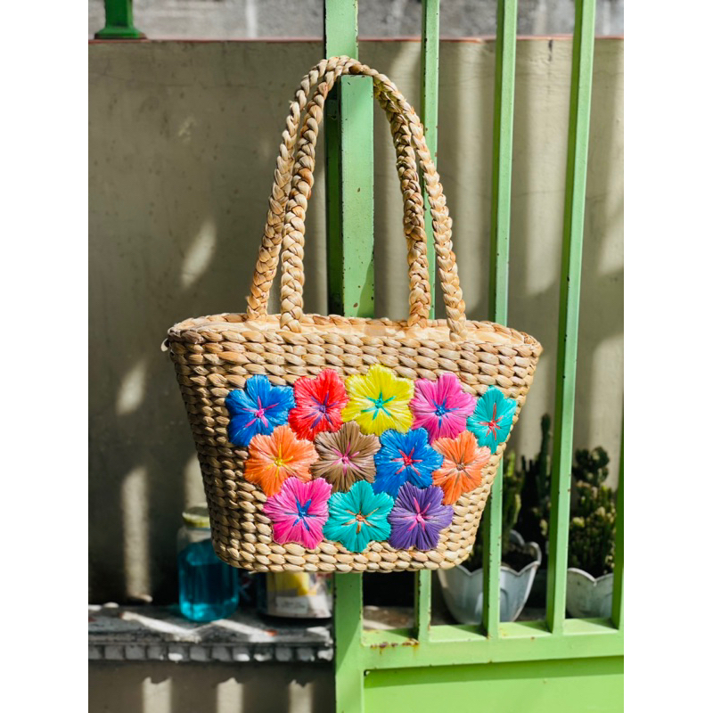 Tas Enceng Gondok Ember Sulam Full Bunga Sulam