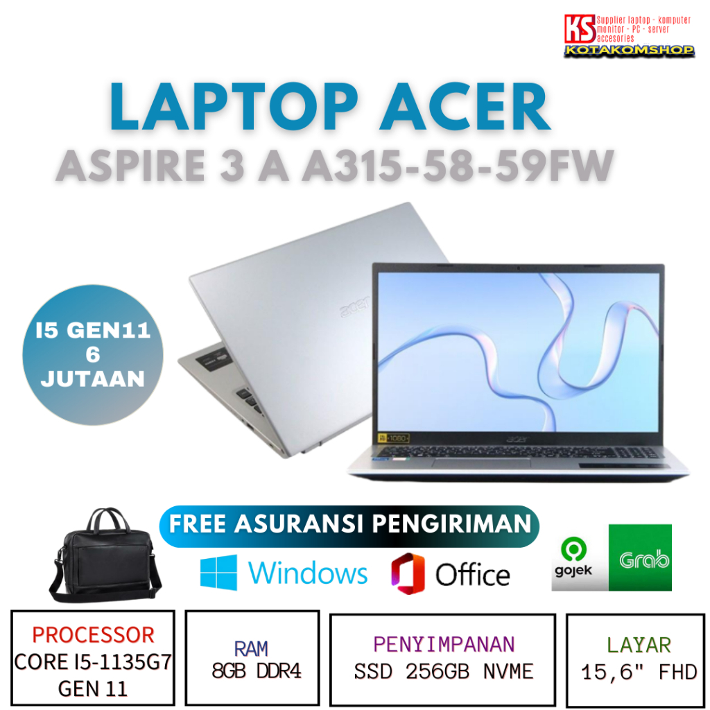 Promo Laptop baru Acer aspire 3 a315 - 59fw core i5-1135g7 ram 8gb ssd 256gb nvme 15,5" fhd