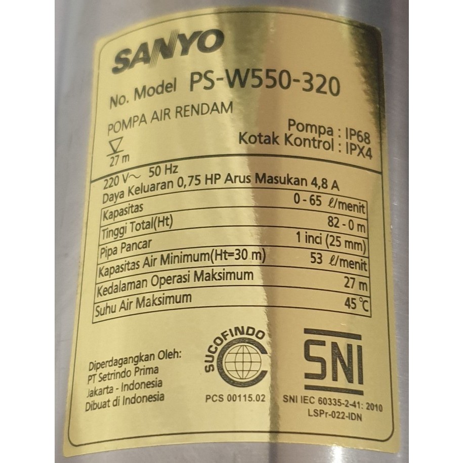 Pompa Submersible Sanyo Casing Sumur 3" Kabel 30 Meter kedalaman hisap 30 meter aman  PSW 550 - 320 