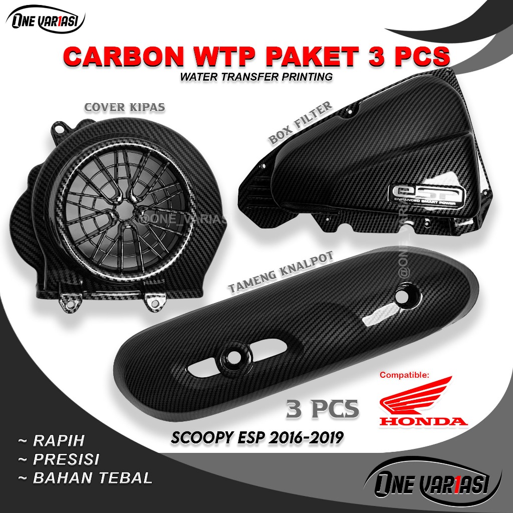 PAKET CARBON 3PCS SCOOPY ESP 2016 TAMENG KNALPOT + COVER KIPAS + BOX FILTER SCOOPY ESP 2016 - 2019