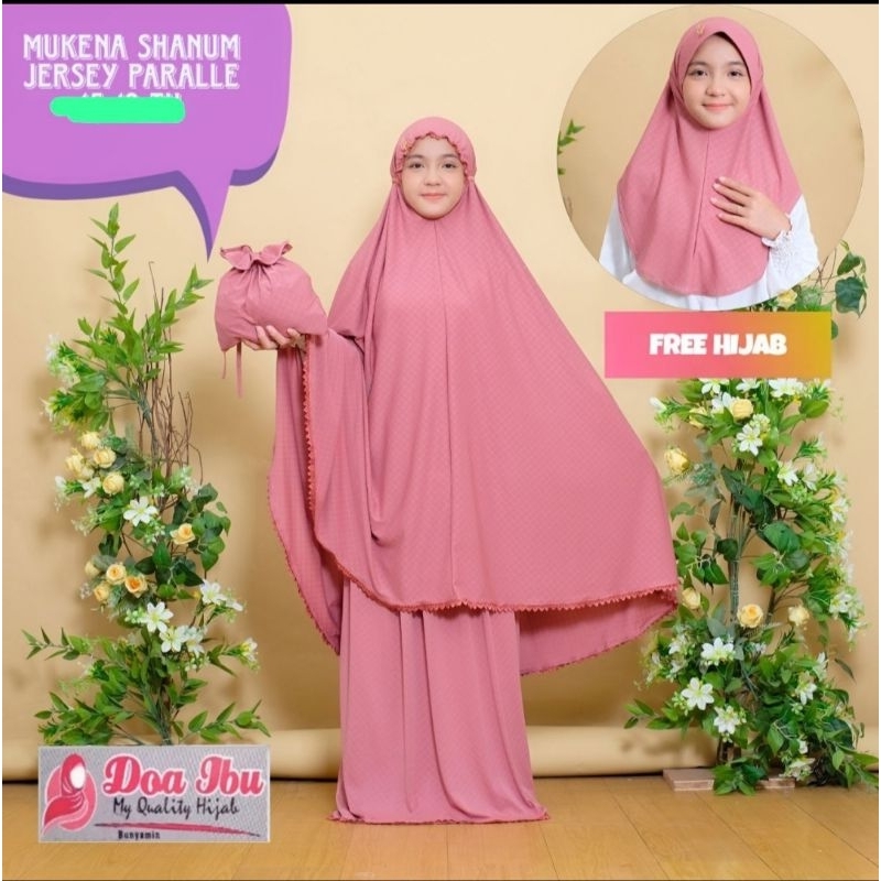 936 MUKENA ANAK DOA IBU SHANUM KERUT DAHI JERSEY VARALE FREE HIJAB/RUKUH DOI ANAK REMAJA ESTIMASI 5-