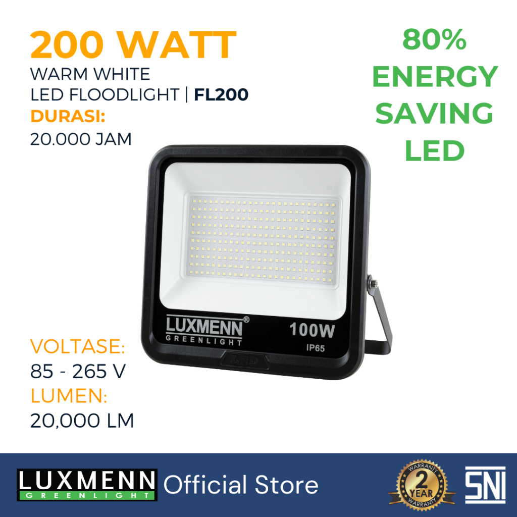 Lampu Sorot Flood Light LED Luxmenn, 200 Watt, Putih & Kuning