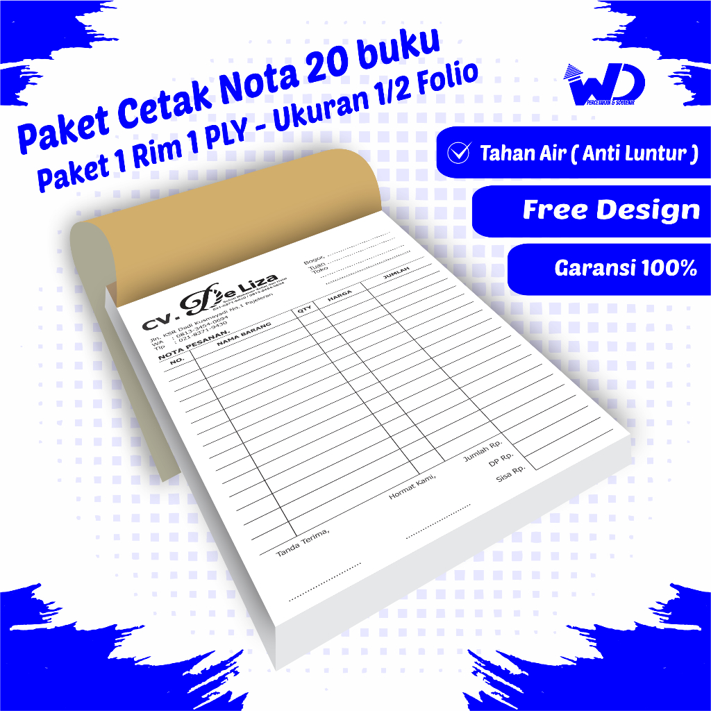 

( PAKET 20 BUKU ) Nota custom 1/2 folio 1 ply
