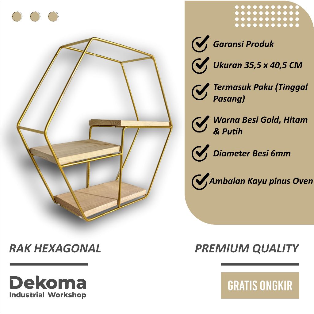 Rak Dinding Hexagonal 3 Dimensi Besi Kayu Hiasan Ruang Tamu Minimalis