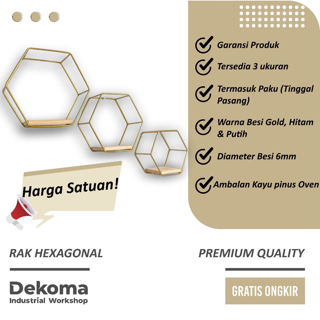 Rak Dinding Hexagonal 3 Dimensi Harga Satuan Minimalis Bahan Besi Ambalan Kayu