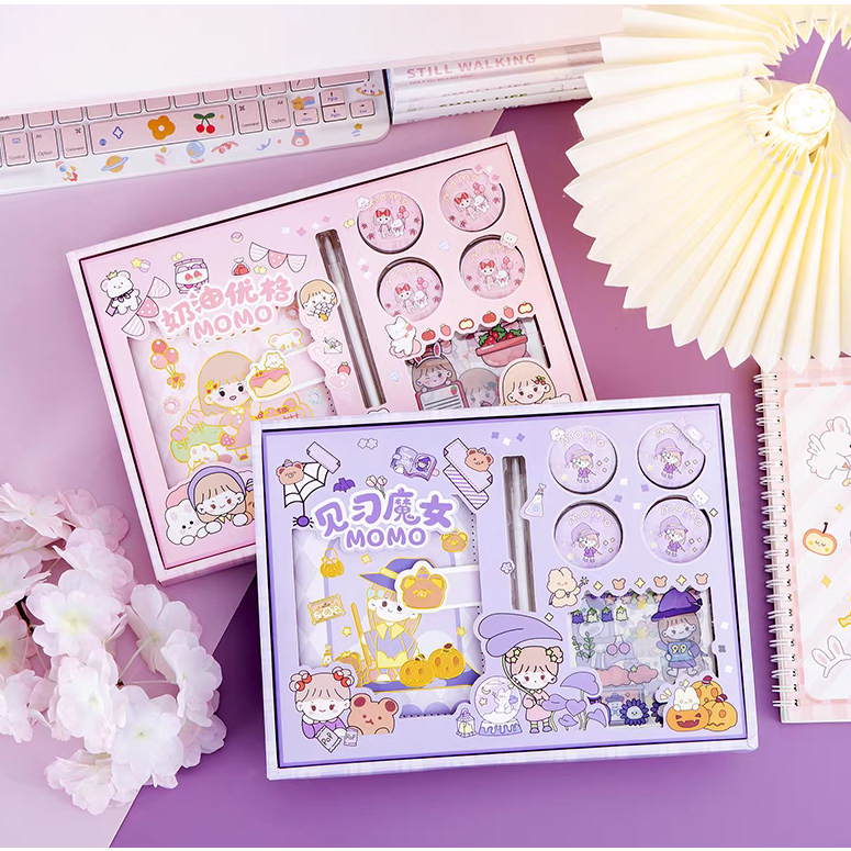 

ghg Diary Set MOMO Buku Jurnal Aesthetic (Buku+Pena+Sticker Sheet+Sticker Roll)