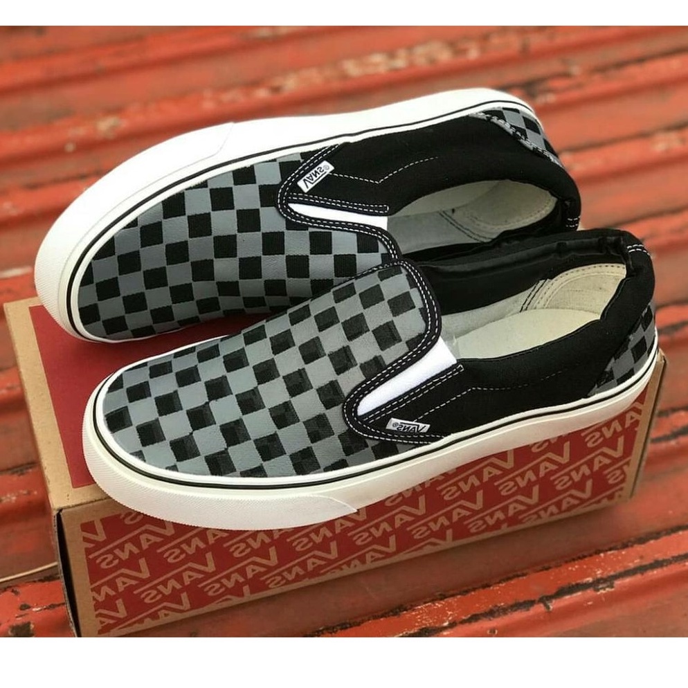 PGS PREMIUM Sepatu Sneakers Kasual Catur Slip On Checkerboard Hitam Putih Grade Ori Pria Wanita