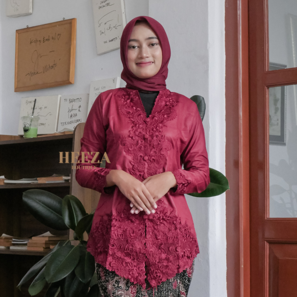 Heeza - Kebaya Encim Modern Katun Karini Premium Merah Maroon