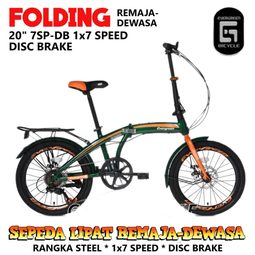 Evergreen EG120-8-Disc Sepeda Lipat 20 Inci Steel 1x7 Speed Mech Disc Brake Pelek Aloi Remaja-Dewas