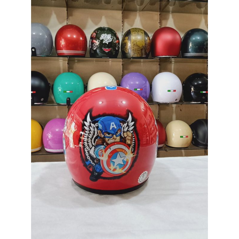 Aizo Helm Bogo Anak Captain America Merah Glossy Berlabel SNI COD Free Packing Kardus & Bubble Wraps