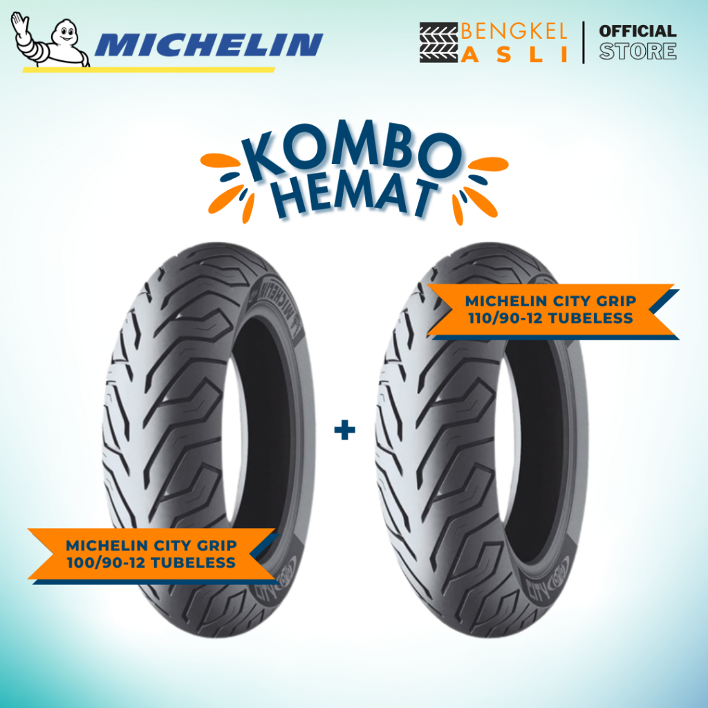 (KOMBO HEMAT 2 BAN TUBELESS) Ban Motor Scooter MICHELIN CITY GRIP Ring 12 100/90-12 + Ban Motor Scoo